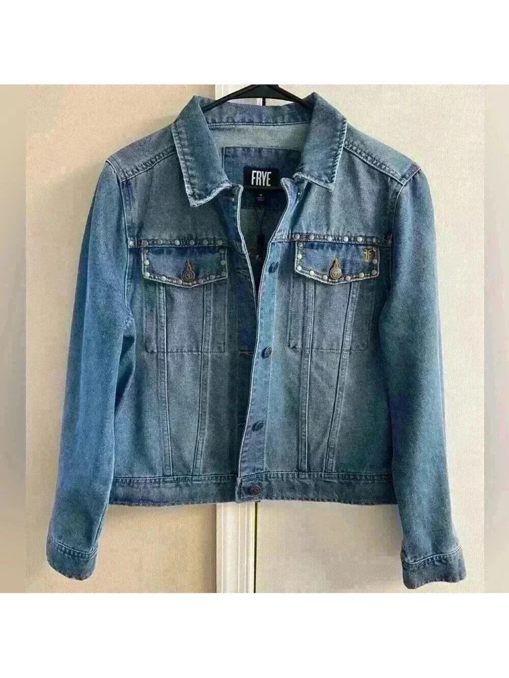 Frye denim‎ jacket gold studded button front medium wash Medium NWT